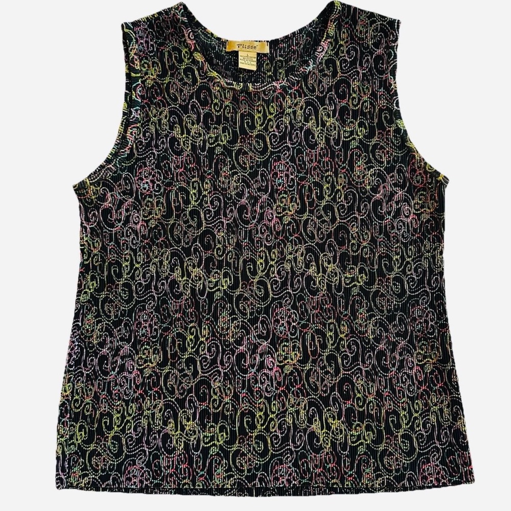 VTG Plisse Neon Abstract Swirls Micro-Pleated Sleeveless Top-Y2K Whimsigoth - Picture 3 of 7
